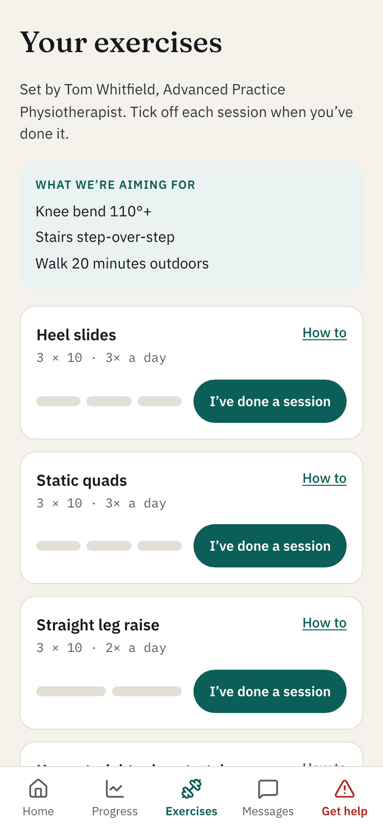 Patient exercises screen listing heel slides, static quads and straight leg raise, each with a button to log a session